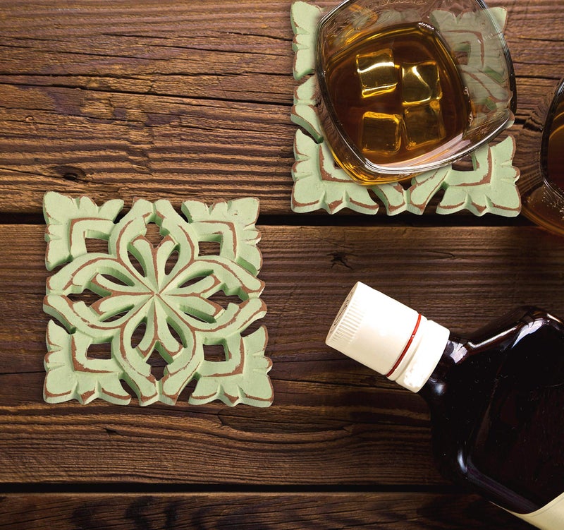 Palais Essentials Farmhouse Decor Wood Coasters for Drinks - Kitchen Table Drink Coaster Set of 4 (Square Carved Blossom Sage Green) - Image 3